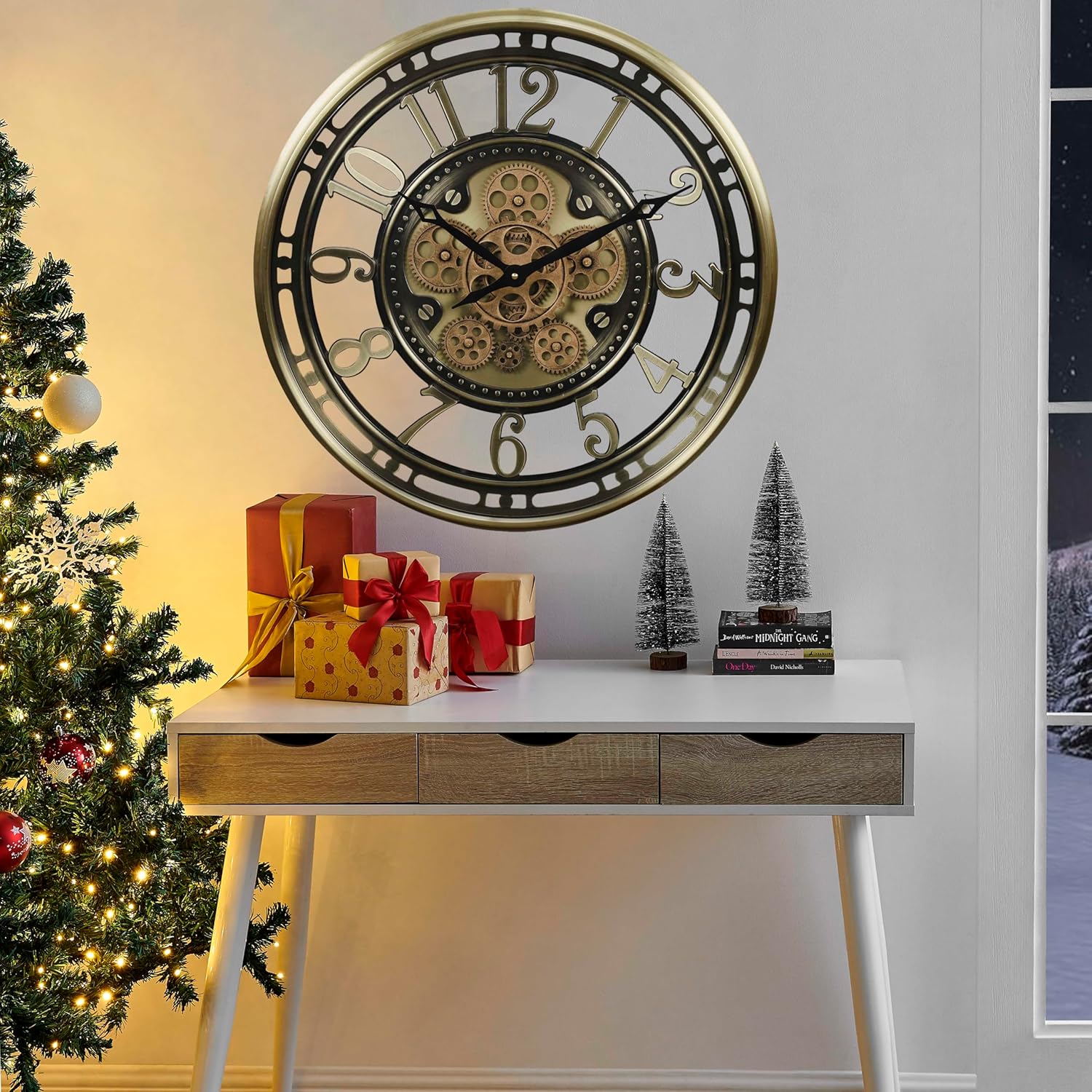 Wanduhr in Gold mit echten Bewegungsgetriebe-Zahnrädern und arabischen Zahlen – Bild 2