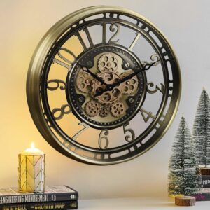Wanduhr in Gold mit echten Bewegungsgetriebe-Zahnrädern und arabischen Zahlen